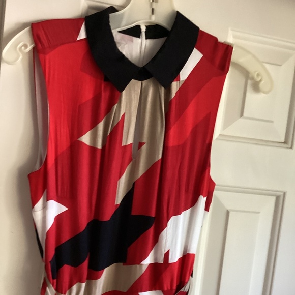 Hobbs London multicolor abstract collar neck sleeveless midi fit and flare dress - Picture 4 of 9